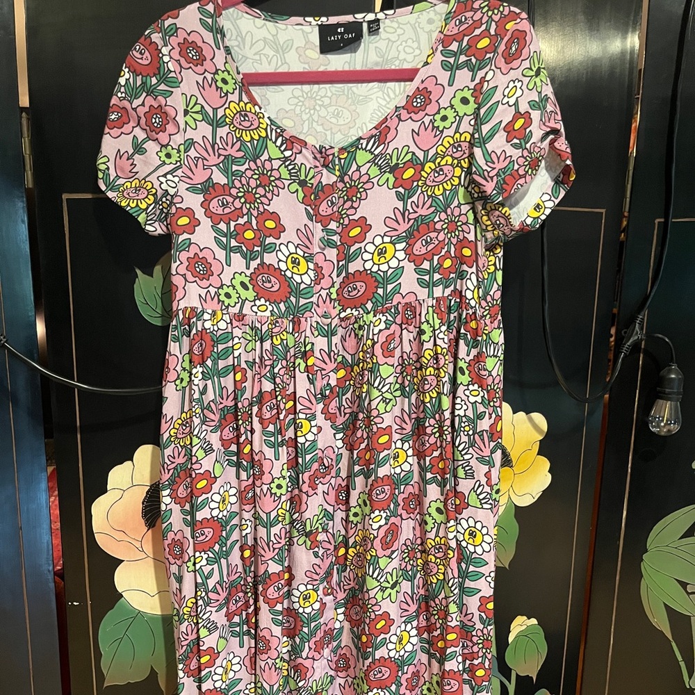 Lazy Oaf Smiley Face Flower Midi Dress UK 8 US 6